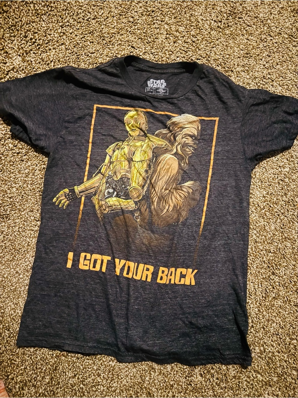 Star Wars Black Men’s Graphic Tee with Yellow-Gold C-3PO & Chewbacca Print